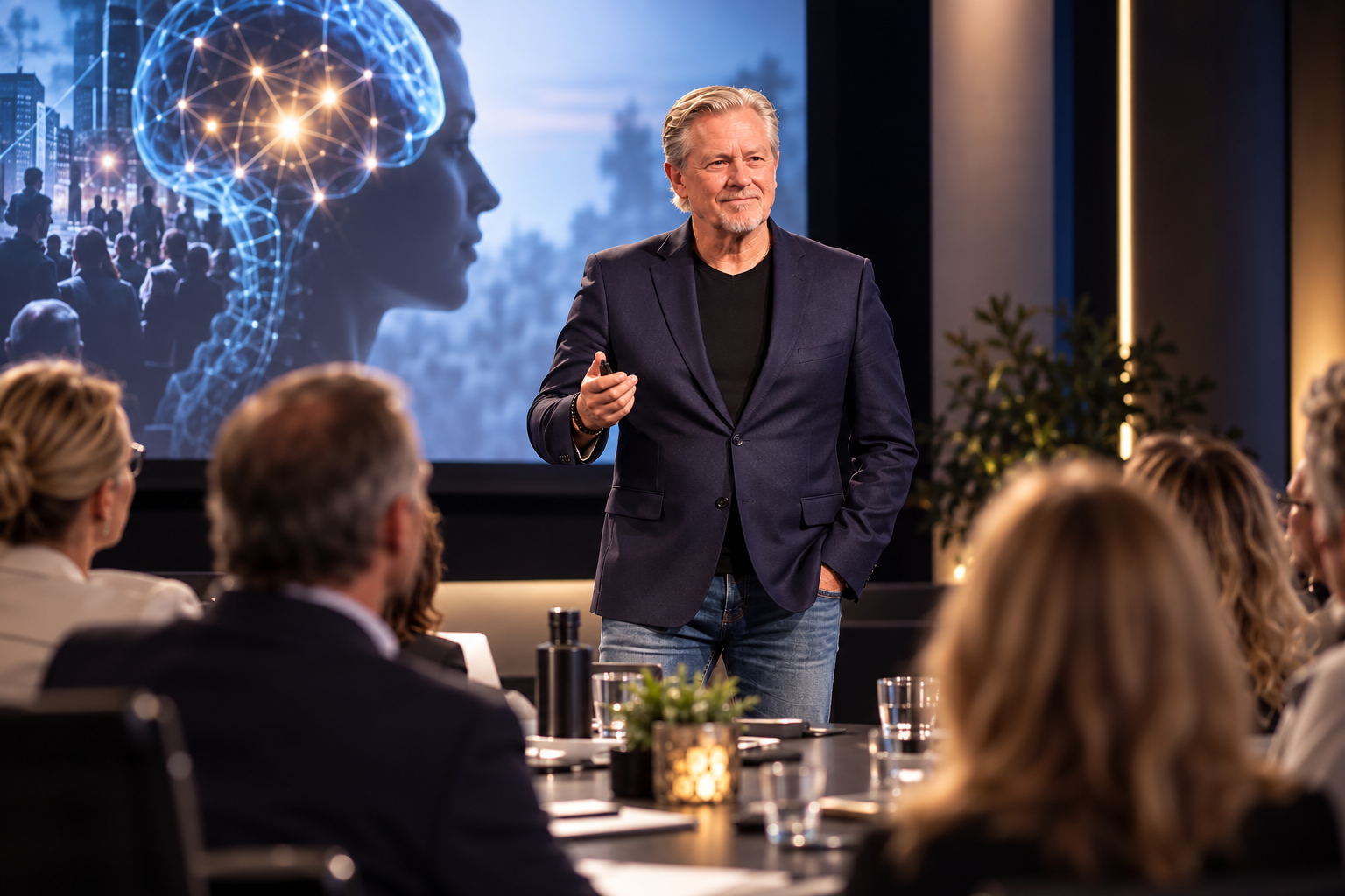 Ray Matson tillsammans med publik och scenmiljö under en föreläsning